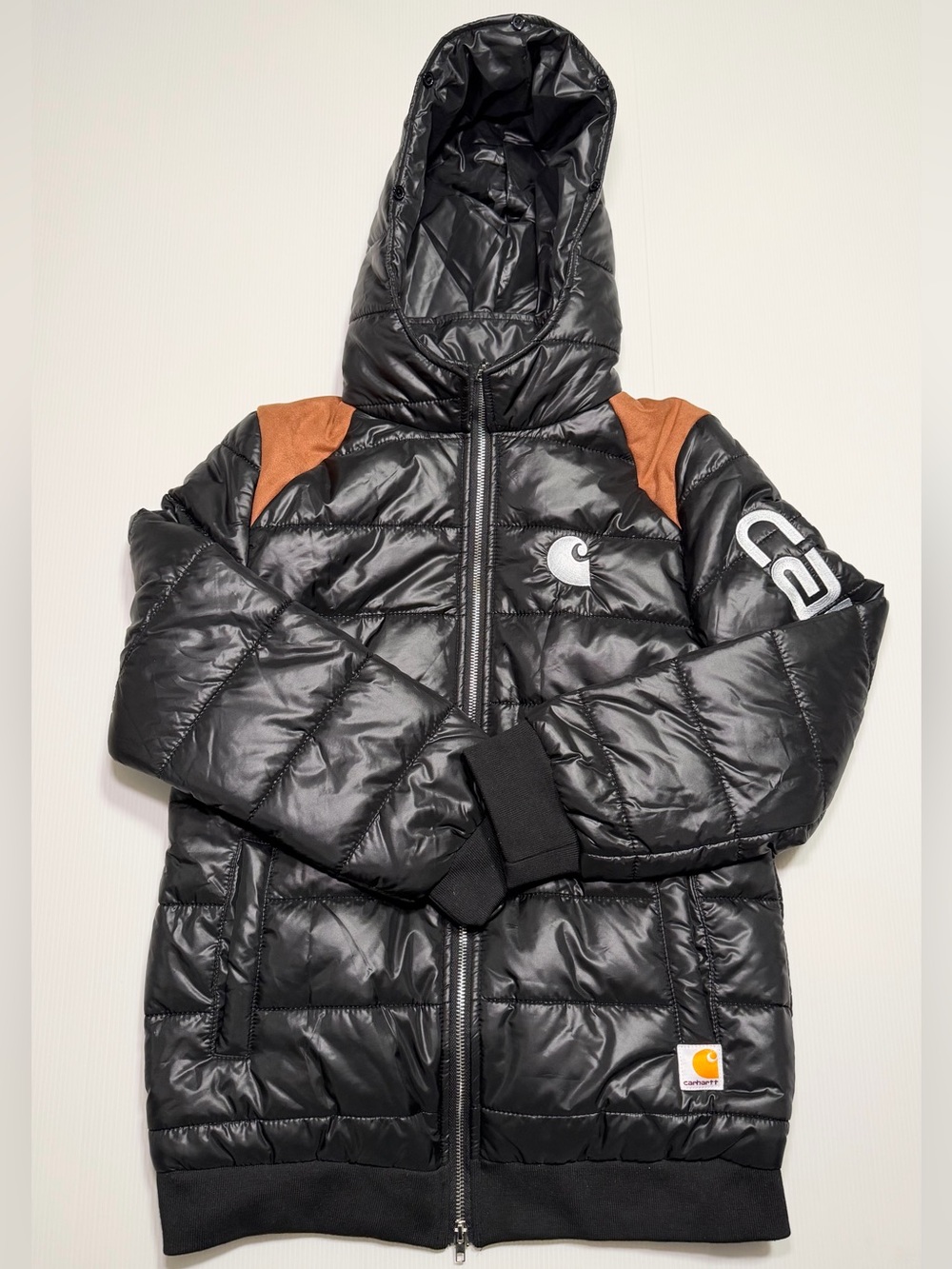 Carhartt Men's Hooded Puffer Jacket Black Quilted Coat Brown Yoke Zip Size Small